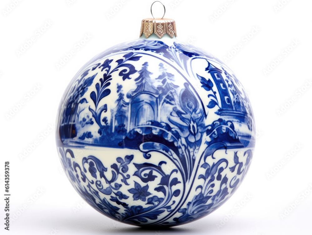 Dutch Delft pottery christmas ornament, generative ai Dutch Delft pottery christmas ornament, generative ai