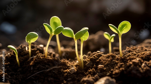Green sprouts nature seedling soil. Agriculture industry environment spring plant growing cultivation. Sunshine close up view