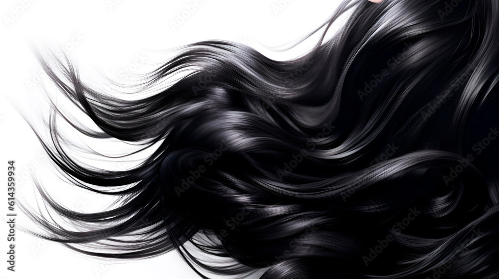 Black glowing hair wavy strand. Isolated on black background. Shiny haircare style shampoo beautiful smooth colored hair close up photo