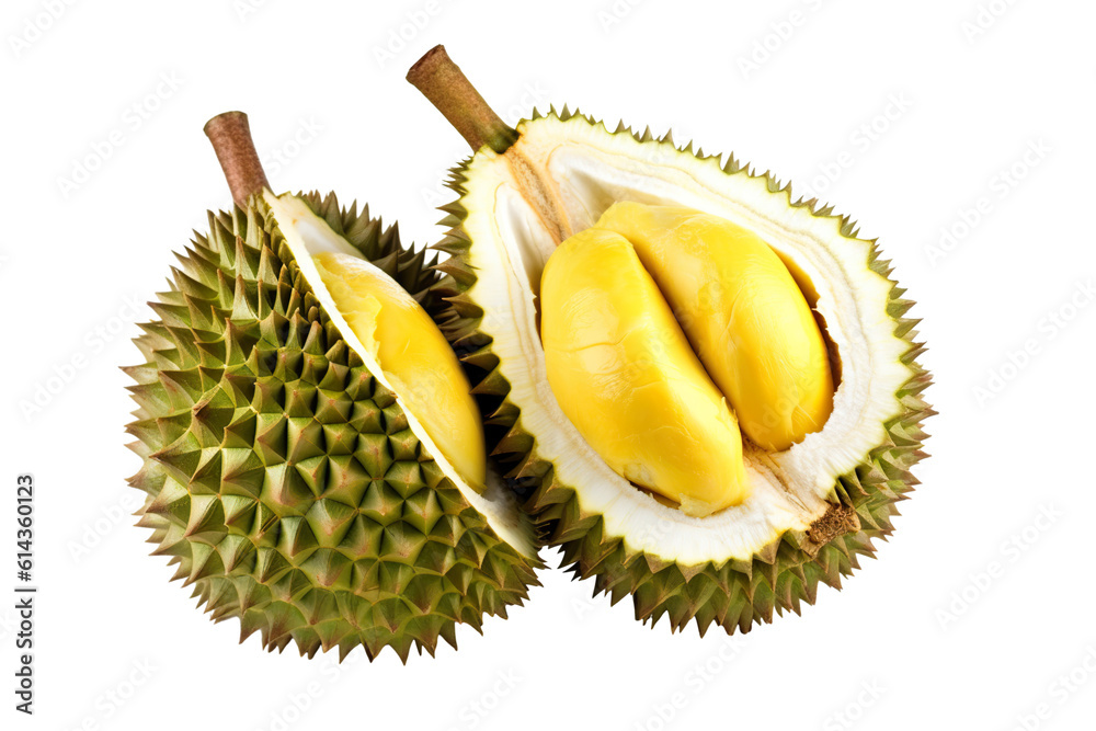Obraz premium Durian fruit cut in half and leaves isolated on white background PNG
