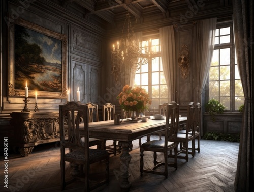 Wide-angle view of a dining room with furniture, a table and a French cabinet, candlelight illuminates the room and the setting sun shines through the window. Generative AI © itchaznong
