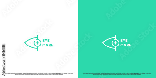 Eye optics logo design illustration. Silhouette line art modern simple minimalist eye health care. Optical eye health design cornea retina eyeball visual sight. Fit for hospital clinic web app icon.