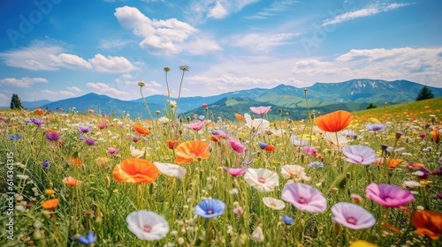 A lot of colorful poppy in the field, mountainous vistas, and a bright blue sky in the background. Generative AI photo