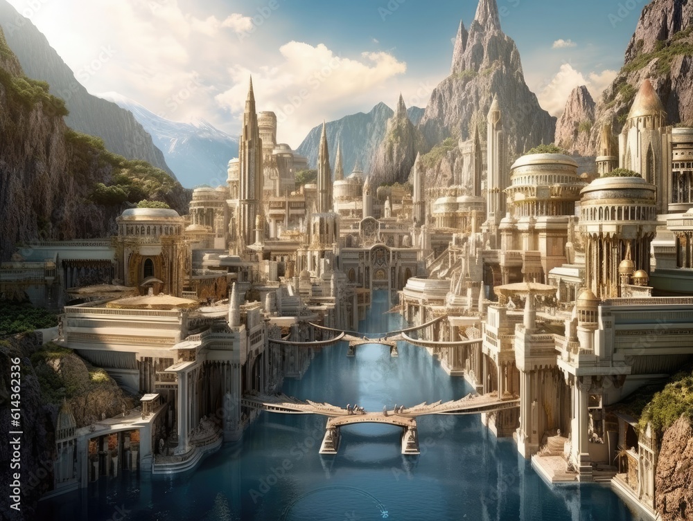 A beautiful city with a river in the middle of it, sunlight shining all around, in the style of mythology-inspired architecture. Generative AI
