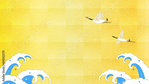 はばたく鶴と打ち寄せる波のループアニメーション、金色の和風背景、4k