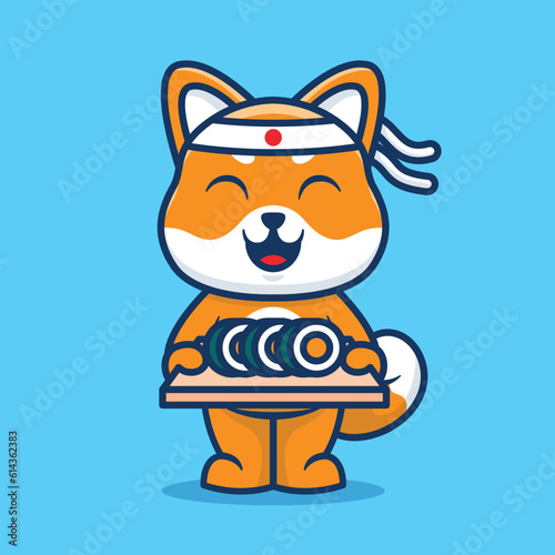 Cute shiba inu dog with sushi cartoon vector illustration isolated