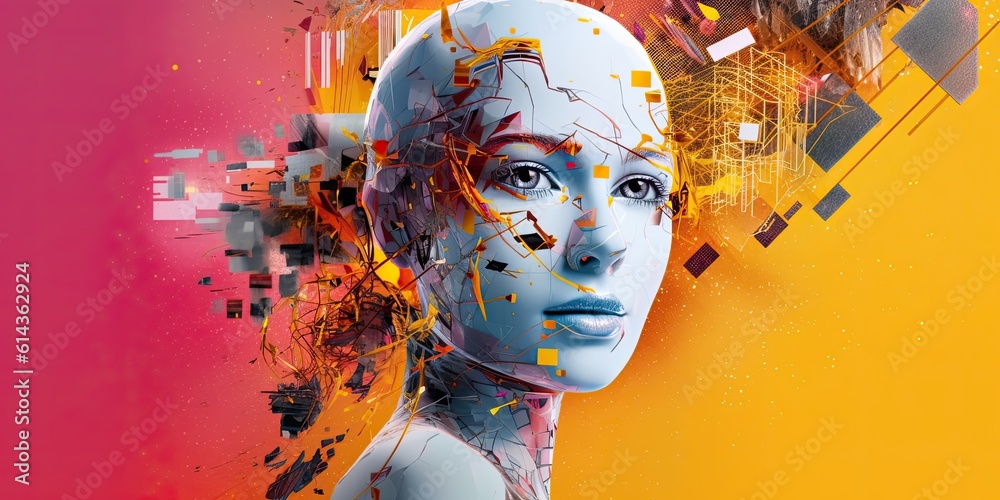 Beautiful cyborg girl with connections and technology background. Generative AI
