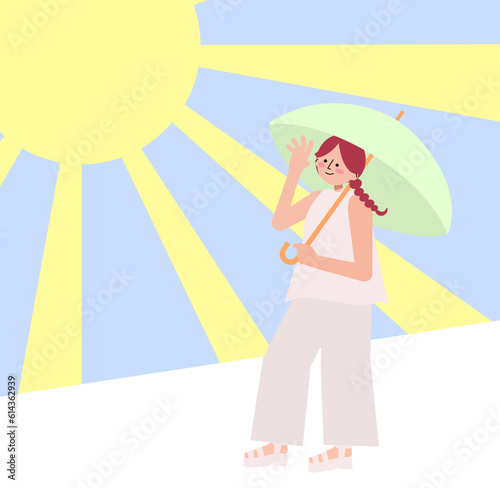 夏の日差しが強い日に日傘をさす女性のイラスト