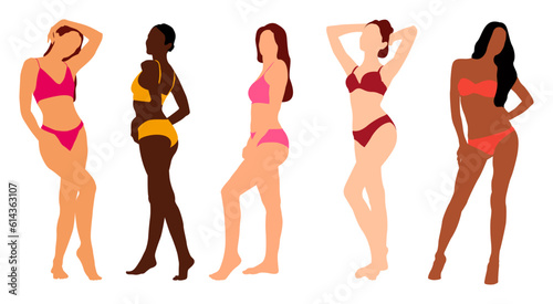 Set of slim woman in bikini. Fashion women in swimsuit or bikini flat vector illustration. 