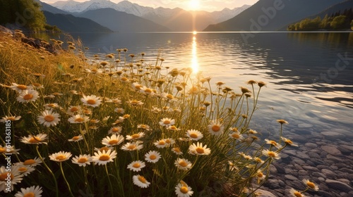 Daisy field by the lake at nature light, sunlight reflecting in the lake, sunset and mountains in the background. Generative AI © itchaznong