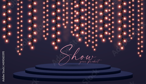 Product display with light garlands. Podium. Empty scene with light effect.