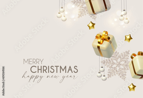 Merry Christmas and Happy New Year design template with gift box  snowflake and Santa Claus. Happy holidays. Special season offer.