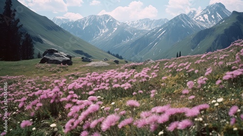 A field of grass and purple flowers, mountains and a bright spring sky in the background. Generative AI