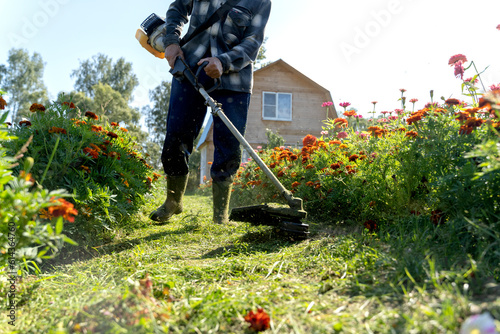 the gardener mows the grass in the garden with a grass trimmer