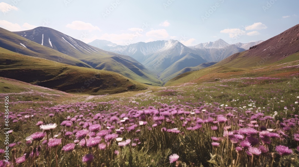 A field of grass and purple flowers, mountains and a bright spring sky in the background. Generative AI