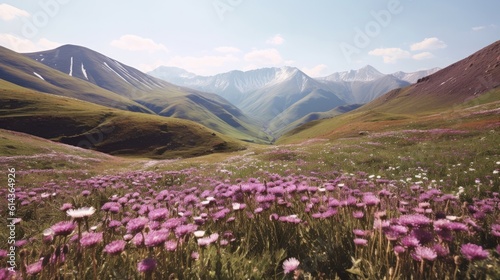 A field of grass and purple flowers, mountains and a bright spring sky in the background. Generative AI