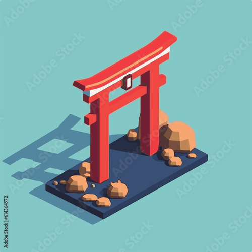 Red Japanese Torii Gate, flat vector, isometric