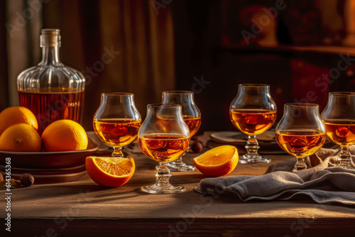 Cognac in glasses with oranges on blurred interior background. Tasting glasses with aged french cognac brandy in old cellars of cognac-producing regions. Party or degustation concept. Generative ai