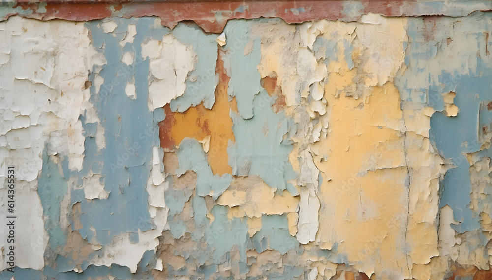 A peeling paint wall with layers of chipped and faded colors