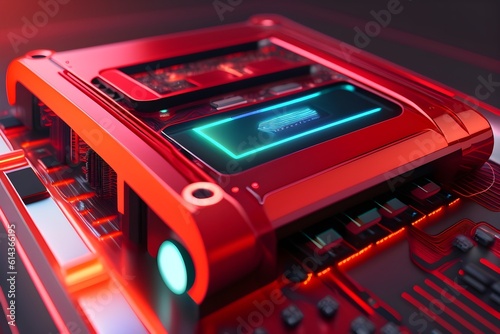 Close-up of a motherboard with CPU, RAM, graphics card, LED lights in red-ish futuristic colors