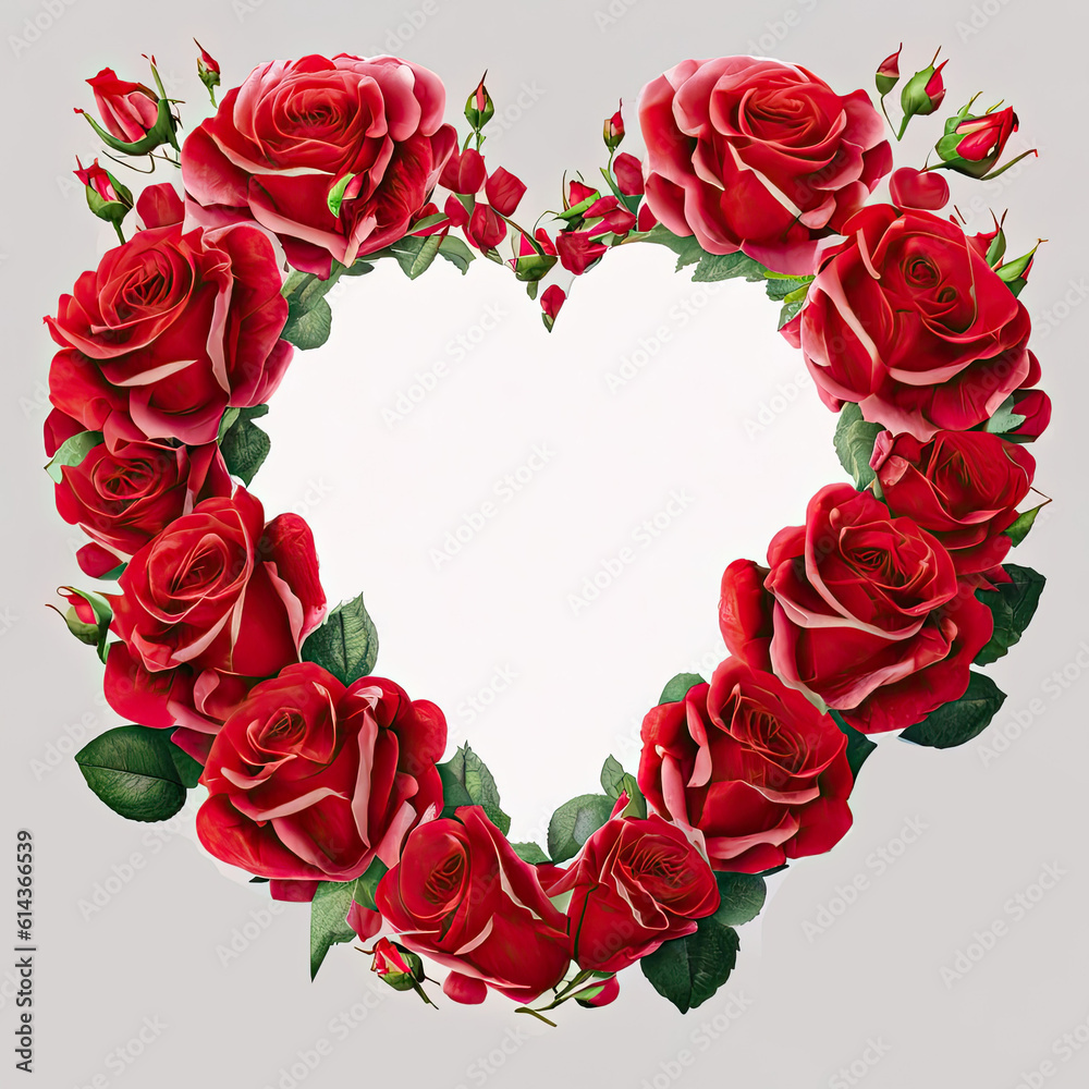 Red Rose Flowers Heart Shape Frame Isolated