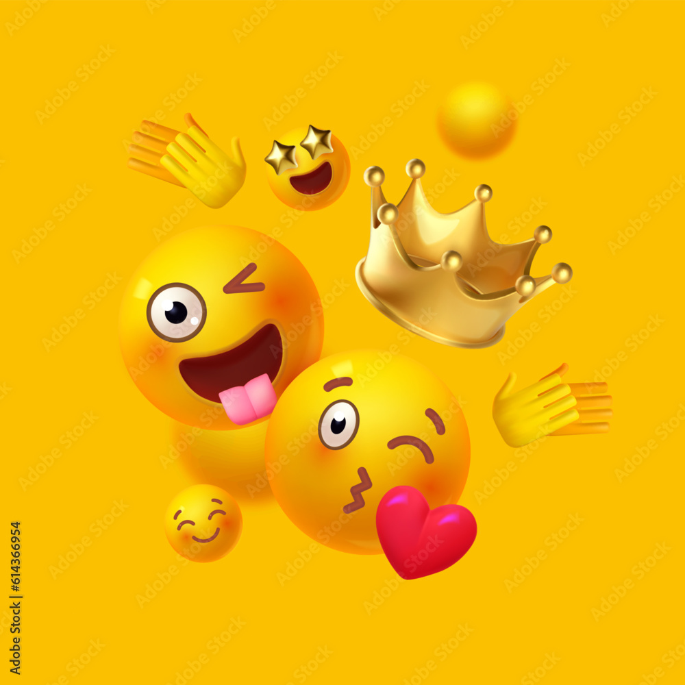 Joy, happy and fun. Yellow balls with faces. Emotion expression . Holiday, singing, joy, fun, party, laughter, music, concert, birthday, win and special offer.