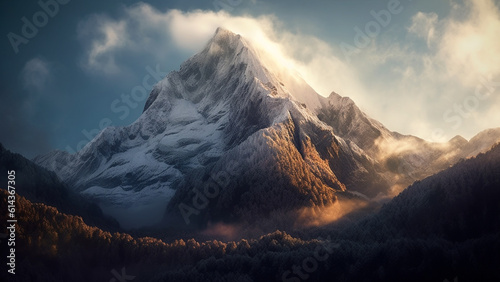 Wide angle ai-generated image showing the famous watzmann, mountain, of Germany, capped with snow all year round, skiing area.