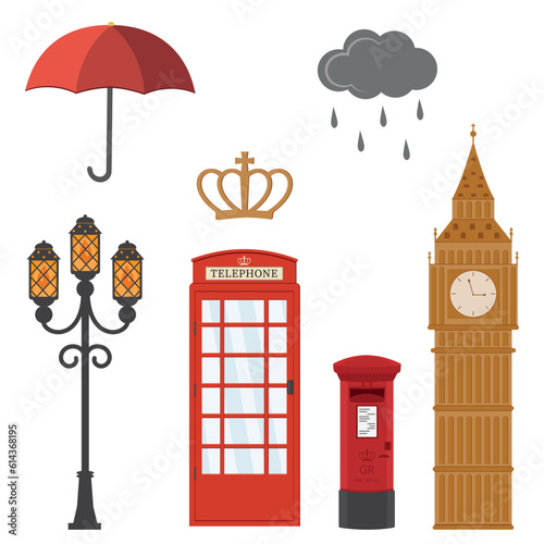 A set of sights and symbols of London, vector isolated illustration
