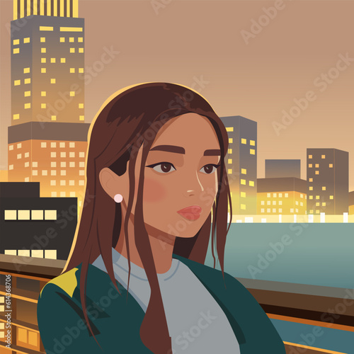 Vector illustration in flat cartoon style. Pretty young woman admiring the river and night city landscape