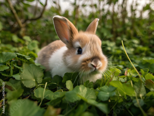 photo of a cute little bunny in a shamrock field ,rabbit in the grass
