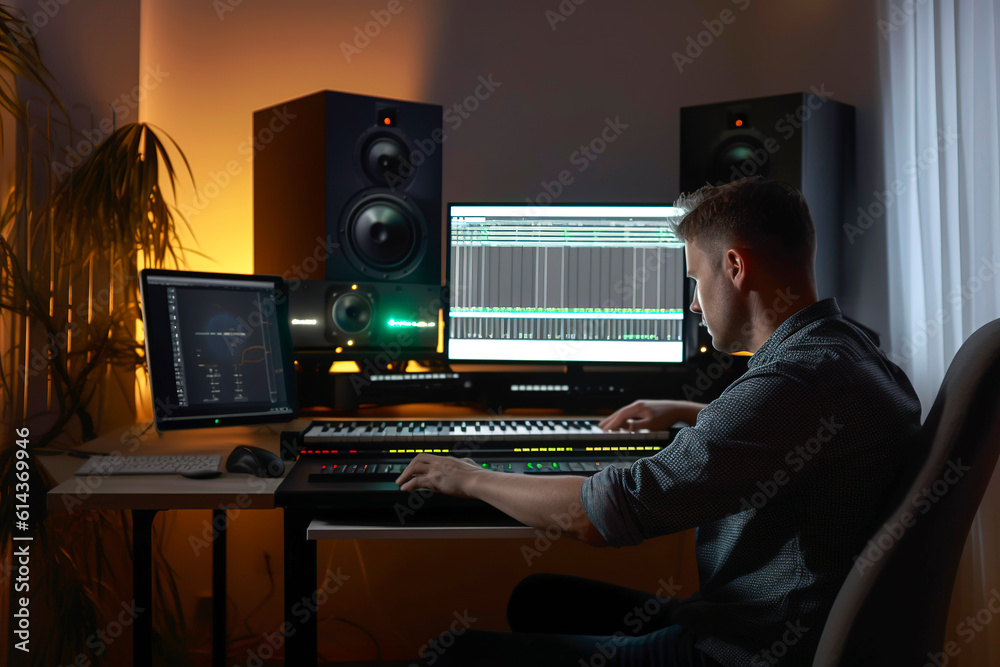 Generative AI electronic music studio illustration with concentrated musician playing piano Generative AI electronic music studio illustration with concentrated musician playing piano