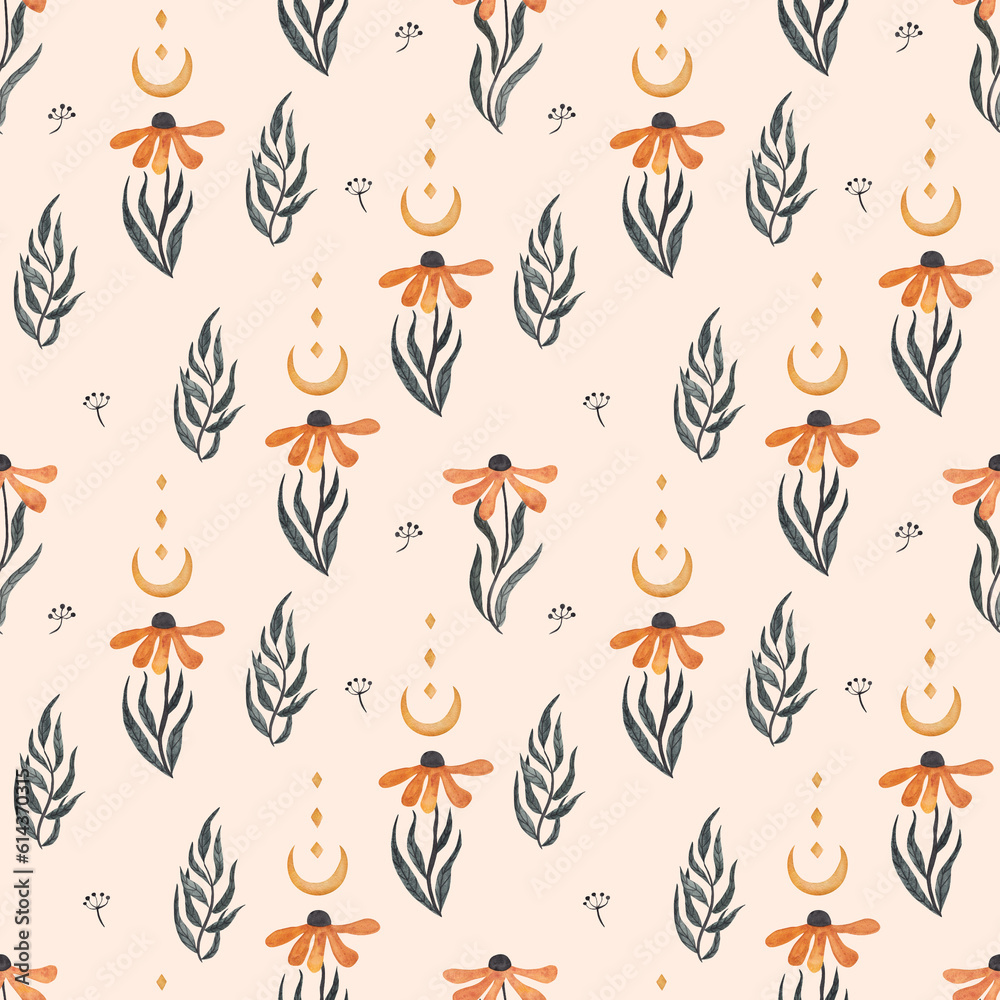 Obraz premium Yellow flowers and leaves. Seamless pattern, watercolor illustration