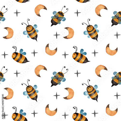 Bees and stars. Seamless pattern, watercolor illustration