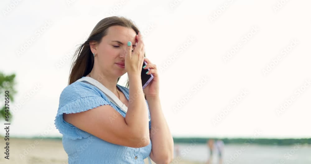Carefree girl tourist talking mobile walking sand beach. Carefree girl tourist talking mobile walking sand beach.