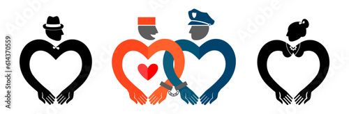 Set of vector icons of a Lady, a Gentleman, a Policeman and a prisoner. Vector icons of people in the shape of a heart.