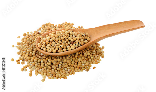 Coriander seeds in wood spoon on transparent png