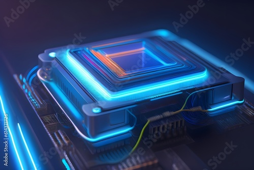 Close-up of a CPU with LED lights and wires in blue futuristic colors