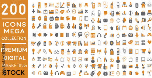 Premium Digital Marketing web icons in FLAT/LINE style icon pack with Social, networks, feedback, communication, marketing, and e-commerce. Vector illustration orange icons set of 200 icon pack.