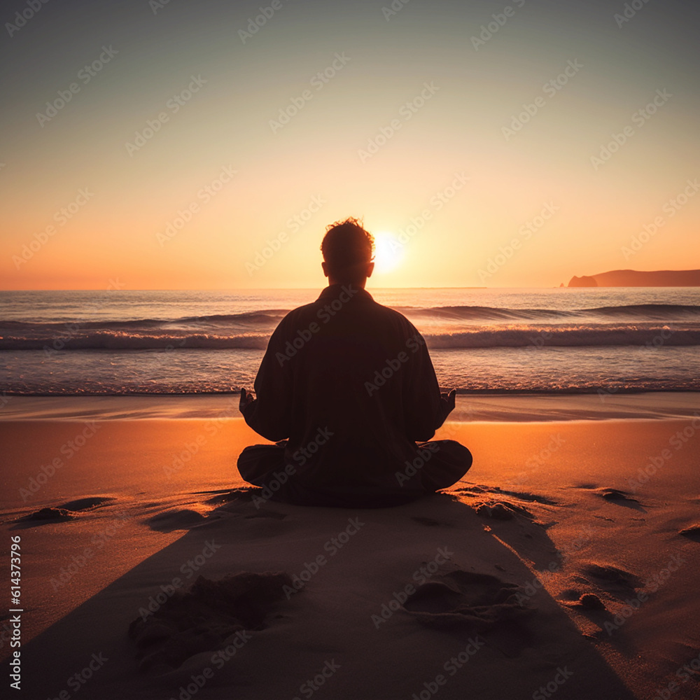 Silhouette of a man sitting on the ocean from the back, who meditates at sunrise