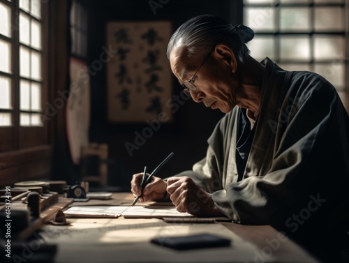 A man practicing Zen calligraphy, his movements fluid and deliberate, with a backdrop of parchment paper and inkstones . Generative AI photo