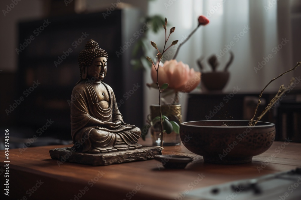 A small Zen altar in a minimalist room, adorned with a Buddha statue, incense, and fresh flowers . Generative AI A small Zen altar in a minimalist room, adorned with a Buddha statue, incense, and fresh flowers . Generative AI