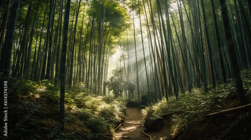 A zen bamboo forest, the towering green stalks creating a calming canopy overhead, with sunlight filtering through . Generative AI