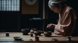 A tea ceremony conducted with Zen simplicity and reverence, with close-up focus on the tea set and brewing process . Generative AI
