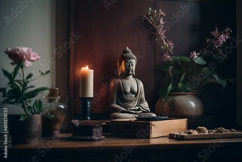 A small Zen altar in a minimalist room  adorned with a Buddha statue  incense  and fresh flowers . Generative AI