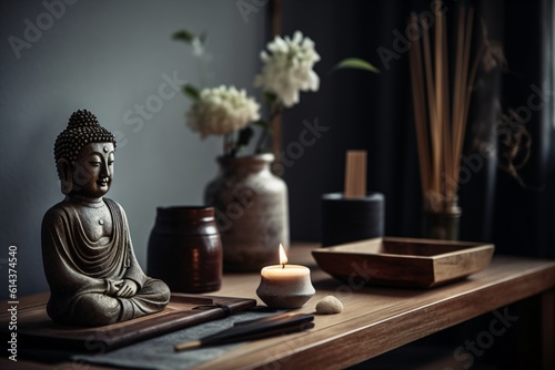 A small Zen altar in a minimalist room  adorned with a Buddha statue  incense  and fresh flowers . Generative AI