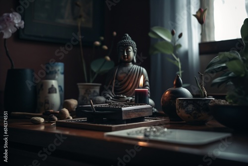 A small Zen altar in a minimalist room, adorned with a Buddha statue, incense, and fresh flowers . Generative AI