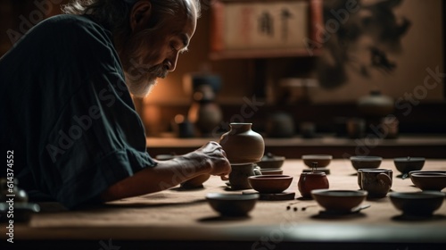 A tea ceremony conducted with Zen simplicity and reverence, with close-up focus on the tea set and brewing process . Generative AI
