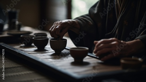 A tea ceremony conducted with Zen simplicity and reverence  with close-up focus on the tea set and brewing process . Generative AI
