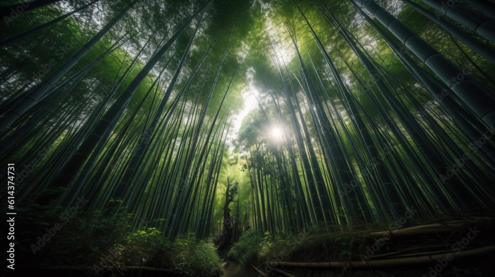 A zen bamboo forest, the towering green stalks creating a calming canopy overhead, with sunlight filtering through . Generative AI A zen bamboo forest, the towering green stalks creating a calming canopy overhead, with sunlight filtering through . Generative AI