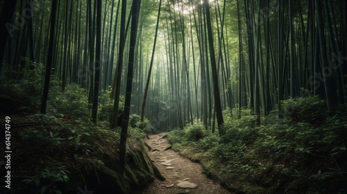 A zen bamboo forest, the towering green stalks creating a calming canopy overhead, with sunlight filtering through . Generative AI